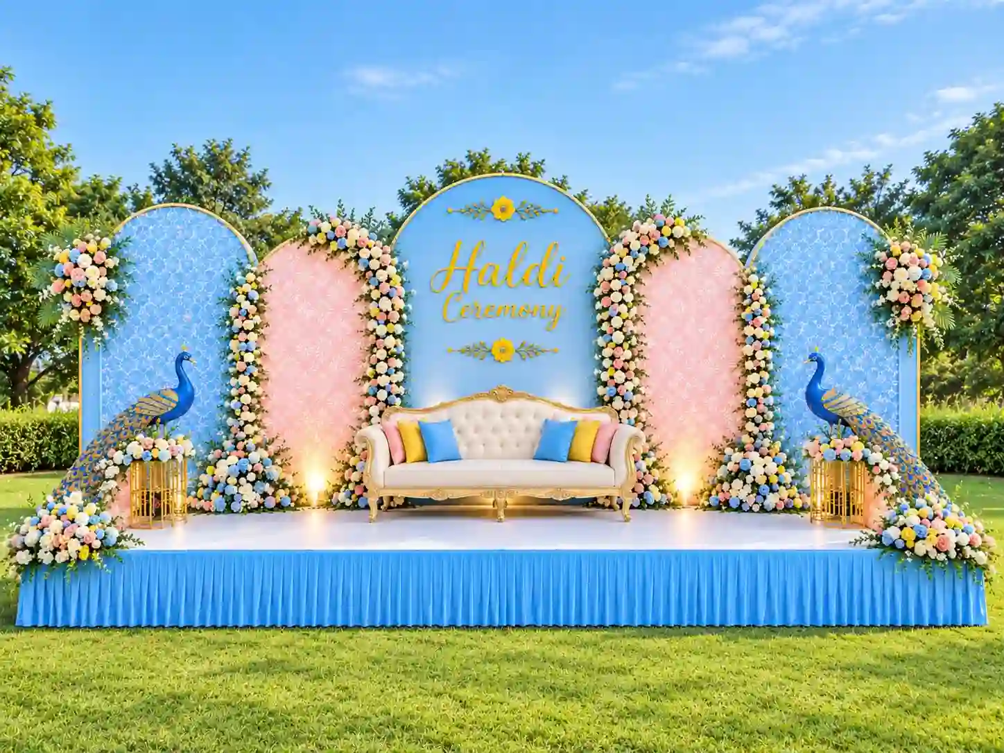 balloon decoration Blue and Blush Pink Haldi Setup 